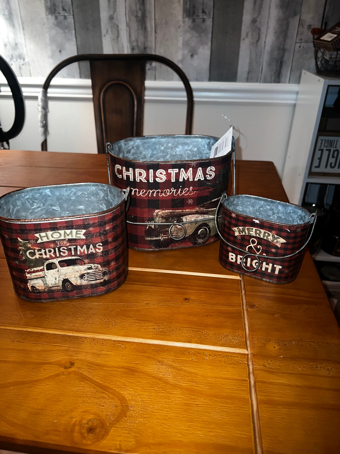 Rustic Red Truck Tin Bucket Set