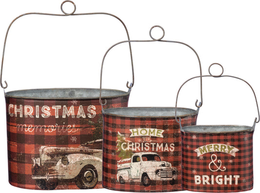 Rustic Red Truck Tin Bucket Set