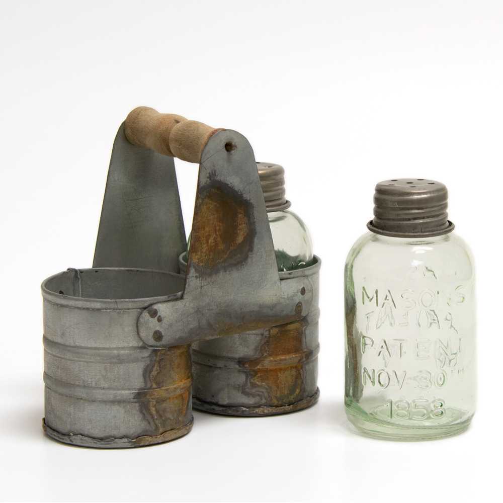 Galvanized Salt & Pepper Caddy With Shakers